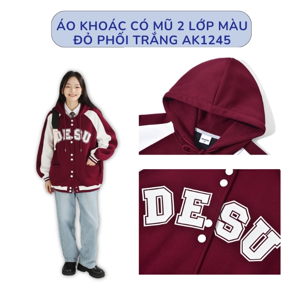 Áo Khoác Có Mũ 2 Lớp Màu Đỏ Phối Trắng AK1245