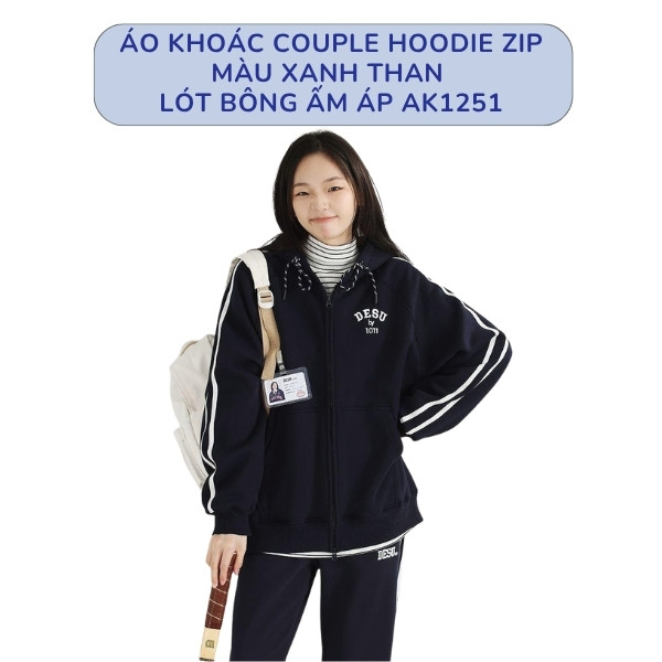 Áo Khoác Couple Hoodie Zip Màu Xanh Than Lót Bông Ấm Áp AK1251