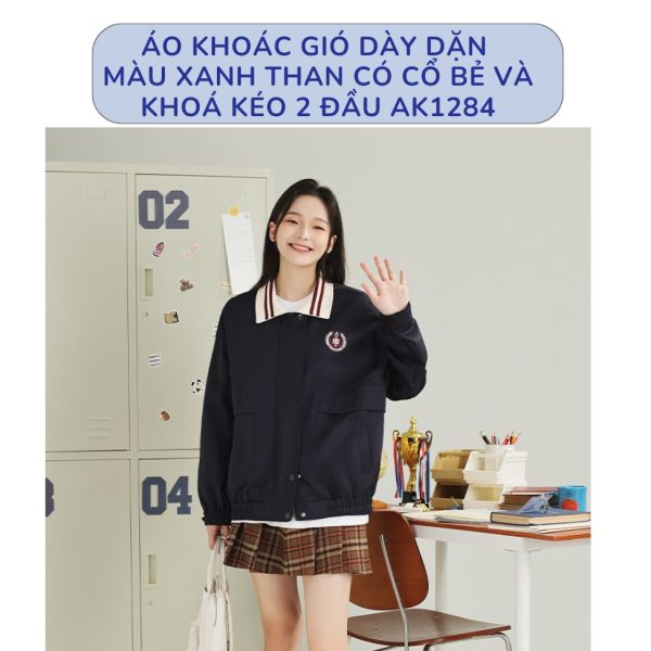 Áo Khoác Gió Dày Dặn Màu Xanh Than Có Cổ Bẻ Và Khoá Kéo 2 Đầu AK1284