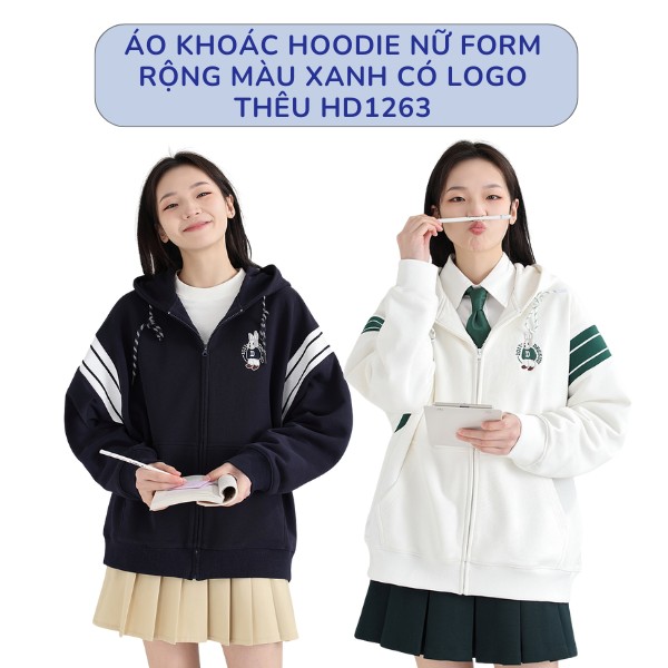 Áo Khoác Hoodie Nữ Form Rộng Màu Xanh Có Logo Thêu HD1263