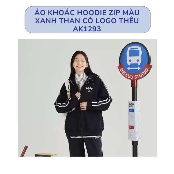 Áo Khoác Hoodie Zip Màu Xanh Than Có Logo Thêu AK1293