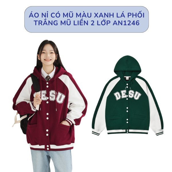 Áo Nỉ Có Mũ Màu Xanh Lá Phối Trắng Mũ Liền Hai Lớp AN1246
