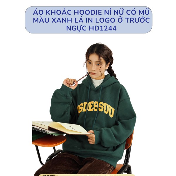 Áo Khoác Hoodie Nỉ Nữ Có Mũ Màu Xanh Lá In Logo Ở Trước Ngực HD1244