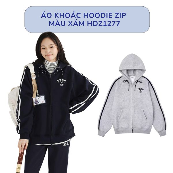Quần Đen Phối Với Áo Khoác Hoodie Zip Màu Xám HDZ1277